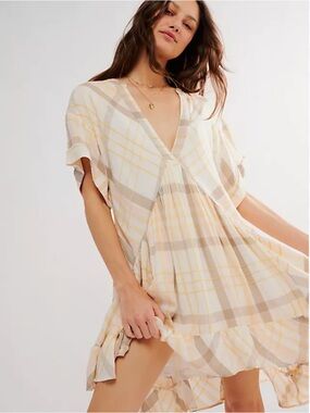 Free People Agnes Plaid V‑Neck Flowy Mini Dress in Pale Yellow & Cream